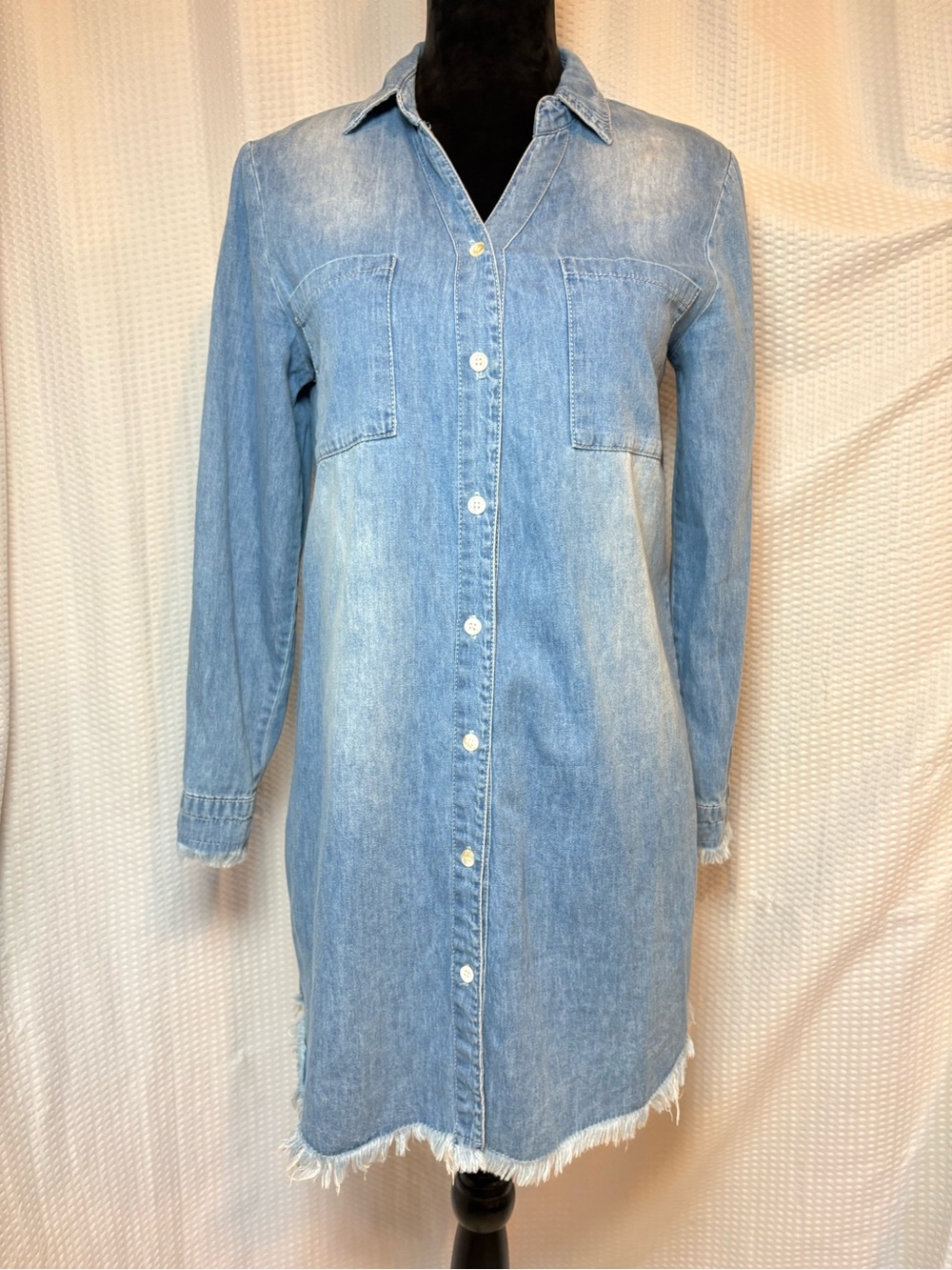 Zilcremo Long Sleeve Denim Shirt Dress Boho Fringe Frayed Hem Cuffs Size S